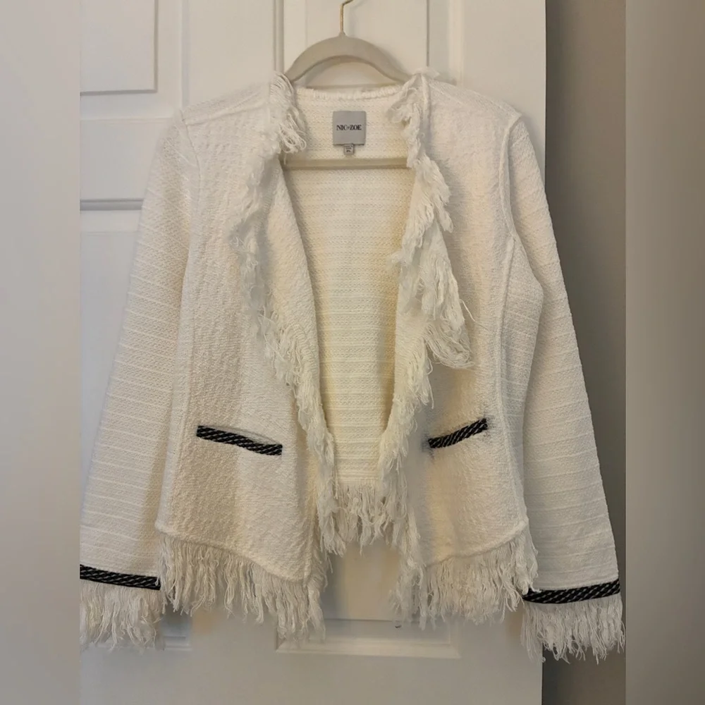Mic & Zoe Statement Fringe Mix Knit Jacket in Classic Cream White‎ Sz PL